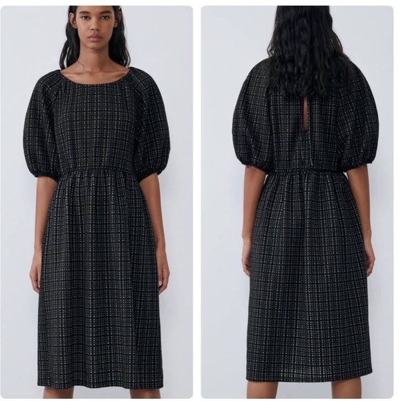ZARA black and white textured puff sleeve dress size small - Picture 1 of 5